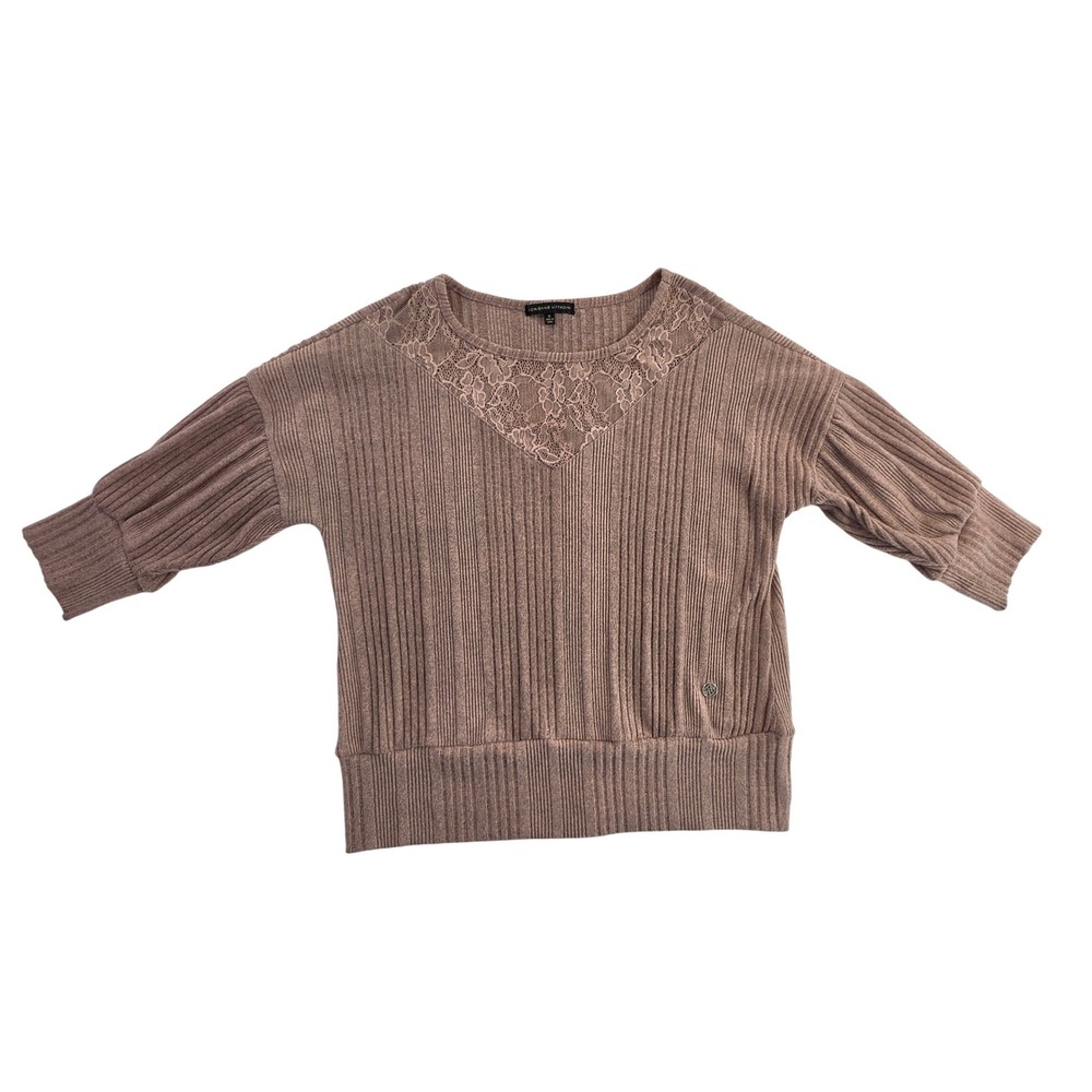 Adrienne Vittadini Mauve Pink Lace V-Neck Ribbed Knit Top 3/4 Sleeve EUC Size XL